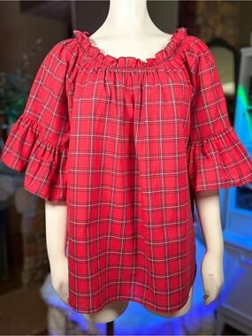 New Look Red Plaid Bell Sleeve Flowy Peasant Blouse Top, Sz 16